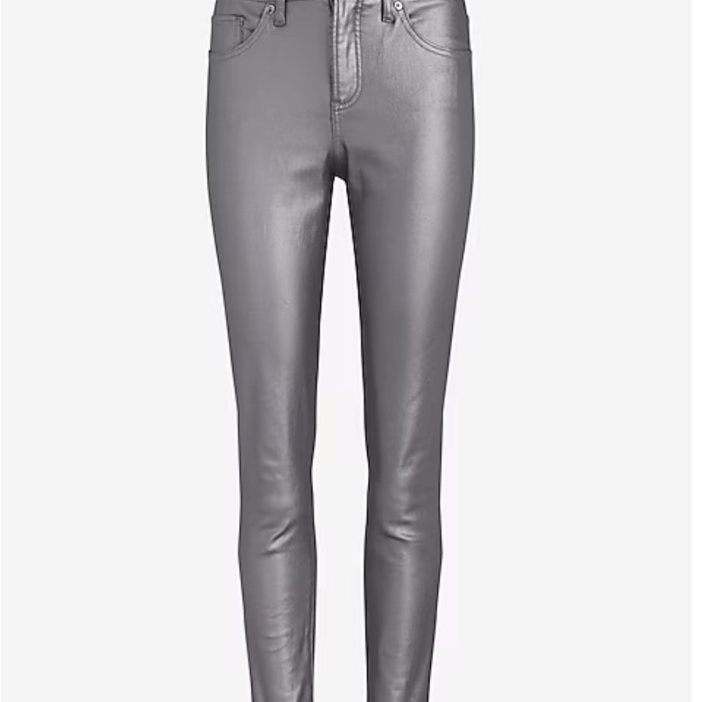 Express Mid-Rise Gray Metallic Coated Skinny Jeans – Size 0R (NWT)